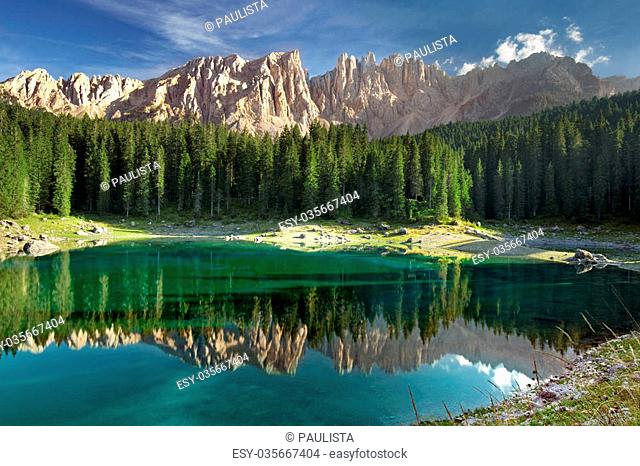 panorama of Carezza lake in the Italian Alps