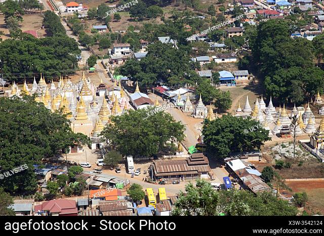 View of Pindaya ancient stupas from Shwe Oo Min Pagoda, Pindaya village, state of Shan, Myanmar, Asia