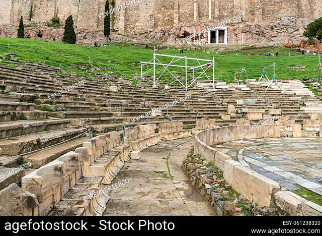 Athens, Attica - Greece - 12 26 2019 View over the steps and marble seats of the Dyonisus theater