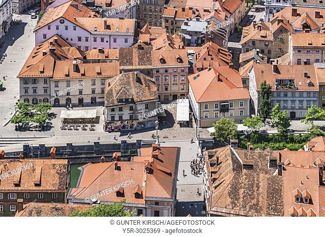 View over the capital Ljubljana to the buildings of the old town and to the shoemakers bridge (Sustarski most). The bridge was built in the 13th century