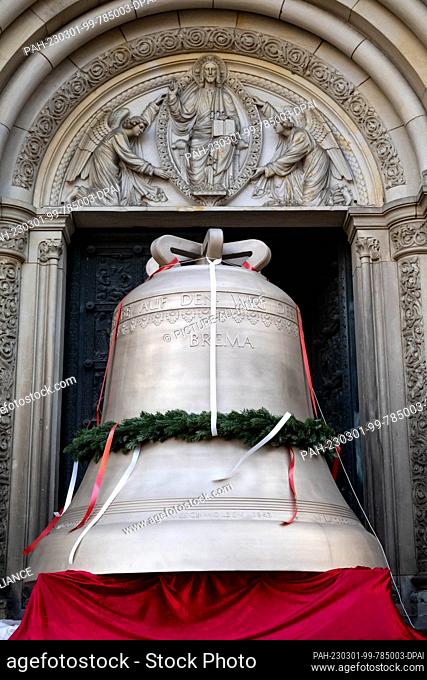 01 March 2023, Bremen: The new bell ""Brema"" stands at the cathedral portal. Bremen's St. Petri Cathedral is getting three new bells: the Peace Bell
