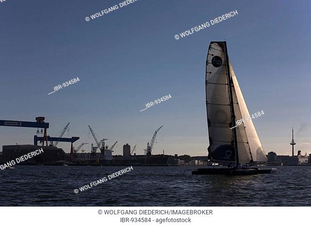 Catamaran, the British TeamOrigin in front of the HDW shipyard in the iShares Cup 2008, Kiel, Baltic Sea, Northern Germany, Europe