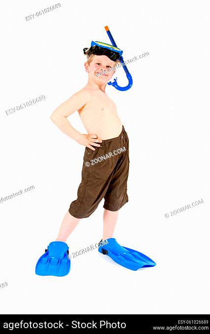 Happy 6 years old child (boy) posing in scuba diving and mask, ready for summer vacation. Isolated on white