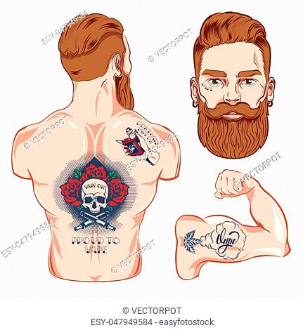 Vape old school tattoo vector images set with bearded man hipster character  isolated tattooed body..., Stock Vector, Vector And Low Budget Royalty Free  Image. Pic. ESY-047949584 | agefotostock