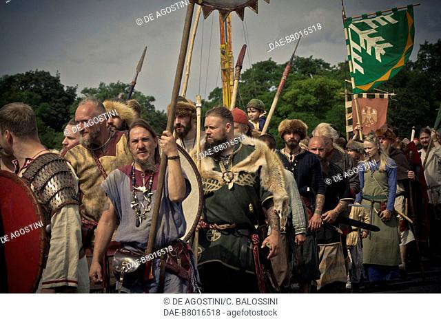 Vikings with spears and shields, Festival of Slavs and Vikings, Centre of Slavs and Vikings, Jomsborg-Vineta, Wolin island, Poland