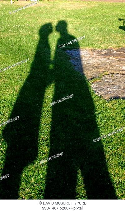 Shadow of a couple kissing in the park