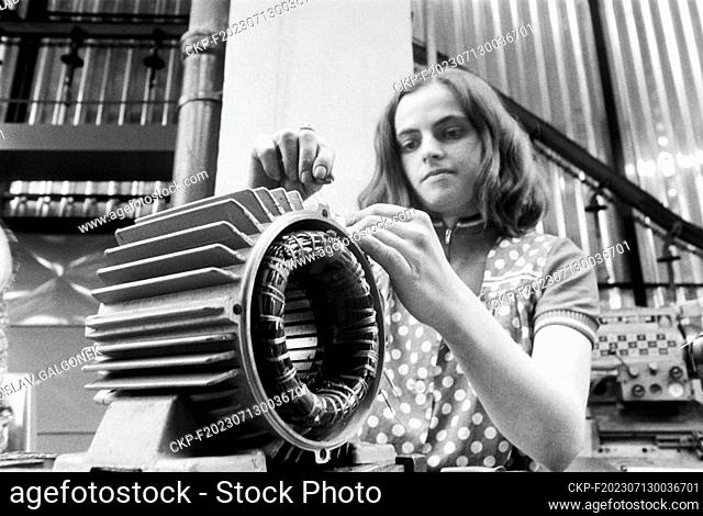 ***APRIL 25, 1977 FILE PHOTO***Worker Jana Blazkova, assembly of AP 90 electric motor in MEZ Mohelnice, national enterprise, Sumperk District, Czechoslovakia