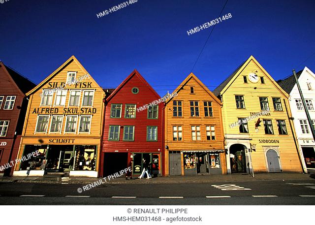 Norway, Western Fjords region, Bergen, Bryggen, the old-town with its wooden houses on the North quay of the Vagen (harbour)