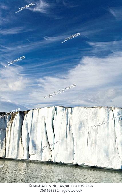 Late evening views of the Negrebreen Glacier melting in the sunlight on Spitsbergen Island in the Svalbard Archipelago, Barents Sea, Norway