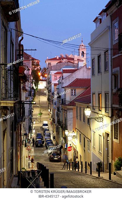 Street Travessa do Cabral in the Bairro Alto at dusk, Lisbon, Portugal