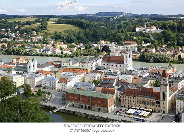 Passau, D-Passau, Danube, Inn, Ilz, panoramic view with Inn and Danube, old town, f. l. t. r. Monastery Niedernburg with tomb of the Blessed Gisella