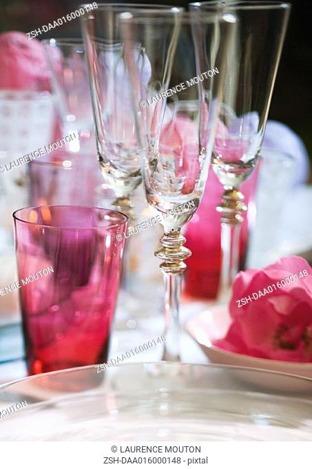 Champagne glasses on set table