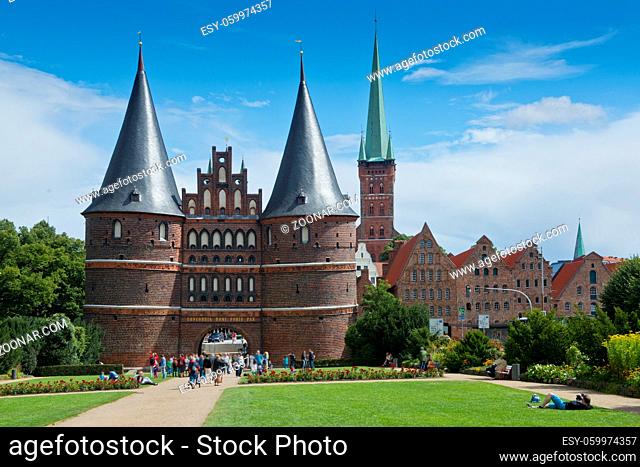 Ancient gate in the center of the hanseatic city of Lubeck, in Germany, Unesco world heritage