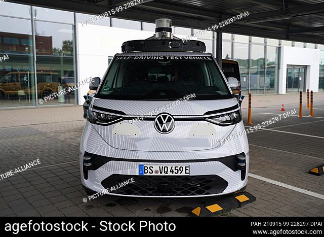 15 September 2021, Hamburg: The prototype ID. Buzz AD, an autonomously driving shared taxi, stands on the grounds of the Moia Hub