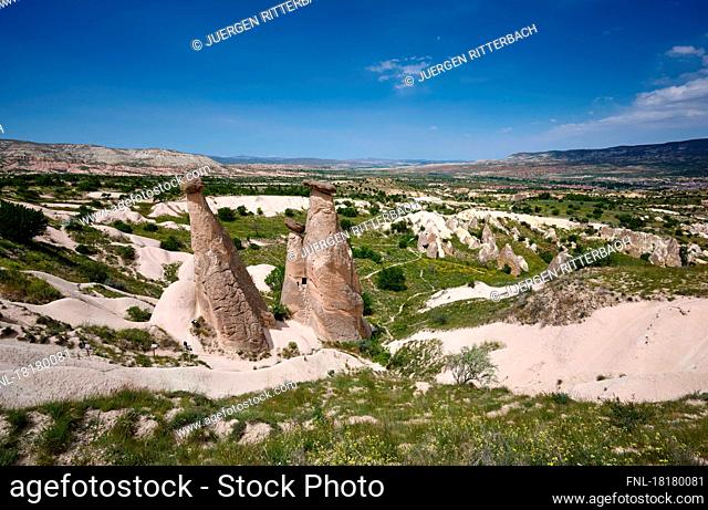 Formation of the Three Beauties, Üç Güzeller, Cappadocia, Anatolia, Turkey|erosion formation of the Three Beauties, Üç Güzeller, Cappadocia, Anatolia, Turkey|