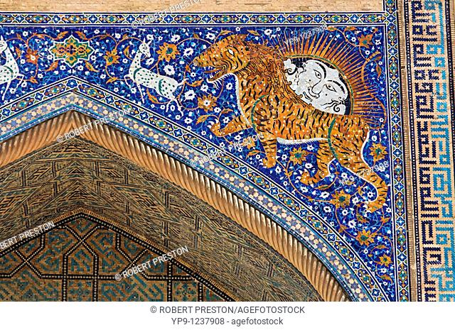 Uzbekistan - Samarkand - detail of the Sher Dor Medressa, part of the Registan
