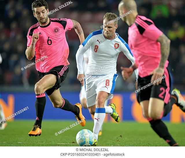 From left: Charlie Mulgrew of Scotland, David Limbersky of Czech Republic and Alan Hutton of Scotland in action during the friendly soccer match Czech Republic...