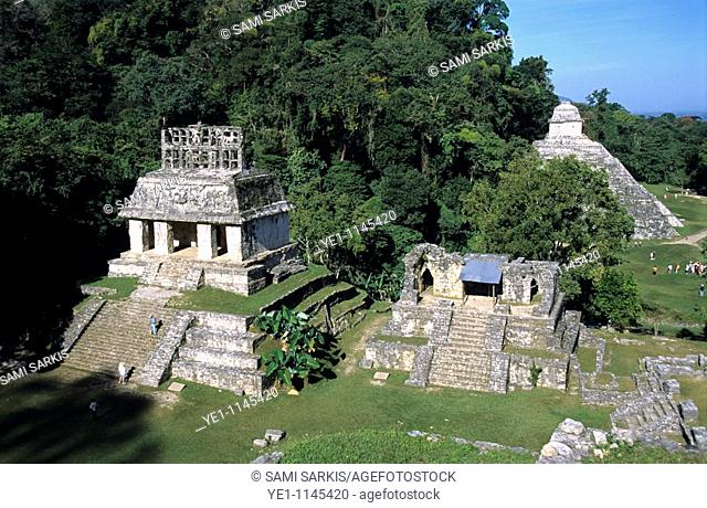 Temple of the Sun and Temple of Inscriptions form a group of temples at the Maya ruins of Palenque, Chiapas, Mexico