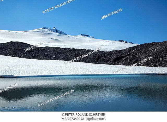 Summit region of Snaefellsjökull, glacial lake, At the entrance to the center of the earth (Jules Verne), deep blue cloudless sky