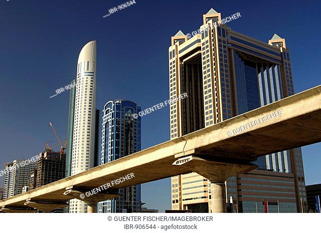 Building site on the Sheikh Zayed Road, elevated-road-project, f.l.t.r. Park Place Tower, API World Tower, Fairmont Tower, Dubai, United Arab Emirates