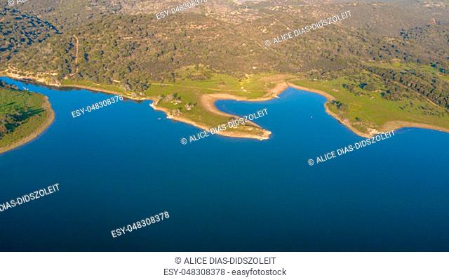 Drone Aerial View of the Alqueva dam Monsaraz Alentejo Portugal Nature Landscape