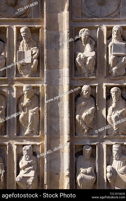 Santiago de Compostela (Galicia) Spain. Group of sculptures of the Holy Door of the Cathedral of Santiago de Compostela in the city of Santiago de Compostela