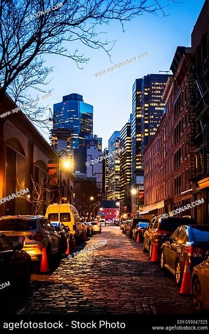 Cinematic Manhattan Cobblestone Lane Towards dramatic Night City of New York