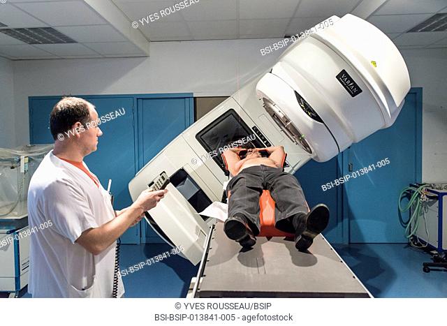 Reportage in the radiotherapy centre at the Baie walk-in clinic in Avranches, France. Breast cancer treatment