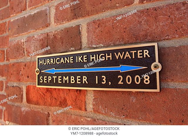Hurricane Ike Marker - Galveston, Texas  A memorial wall plaque marking the high water line from Hurricane Ike at Ashton Villa