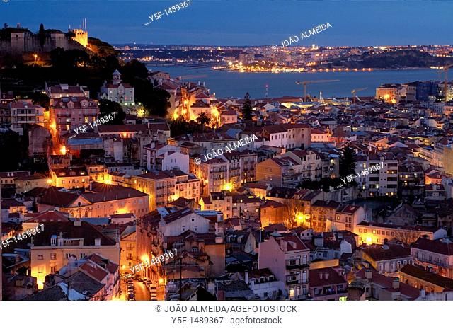 View of Lisbon's downtown and martim Moniz square with river on the background