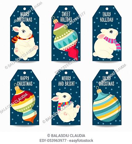 Christmas labels collection with Christmas balls, and rabbits isolated items on white background. Vector