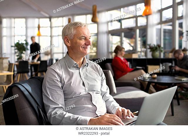 Smiling businessman using laptop in restaurant