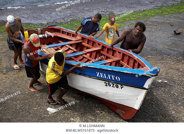 fishermen carrying a boat, Cap Verde Islands, Cabo Verde, Santo Antao, Ponta Do Sol