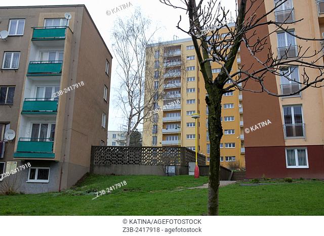 Multiple Czech apartment buildings (panalaky) in southern Bohemia, Czech Republic, Europe