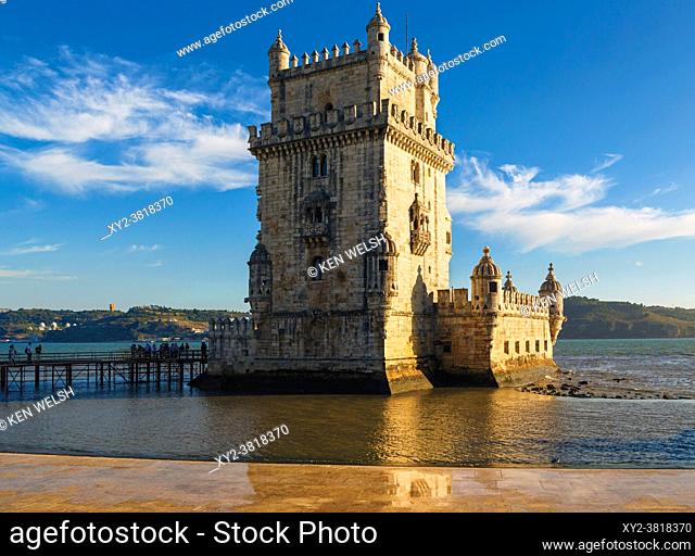 Lisbon, Portugal. The 16th century Torre de Belem or Belem tower. The tower is an important example of Manueline architecture and a UNESCO World Heritage Site