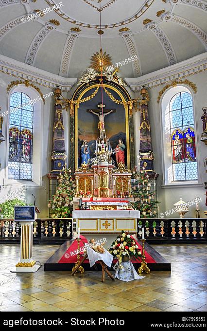 Main altar with nativity scene scene, St. Magnus Church in Buchenberg, Allgäu, Bavaria, Germany, Europe