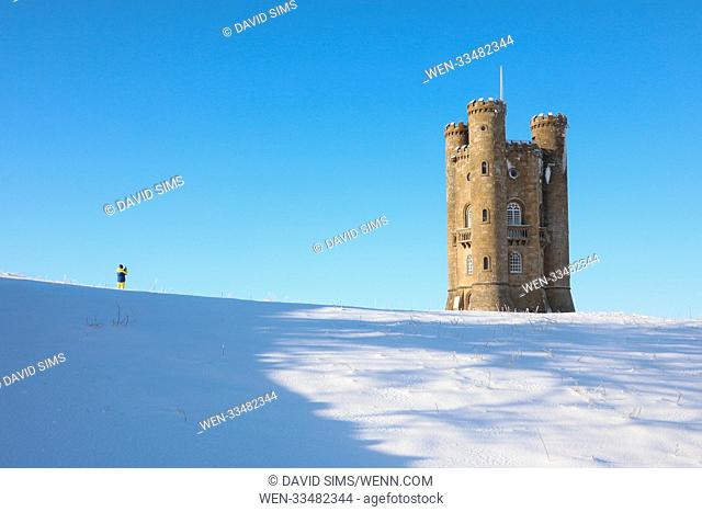 Broadway Tower surrounded by snow, is a folly on Broadway Hill, near the village of Broadway, in the English county of Worcestershire