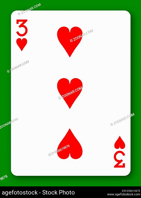 A 3 Three of Hearts playing card with clipping path to remove background and shadow