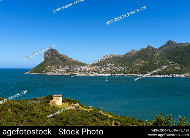View of the coastline of Hout Bay from Chapman?s Peak Drive toll road, which winds its way between Noordhoek and Hout Bay on the Atlantic Coast on the...