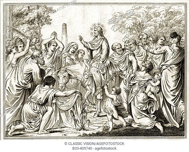 Christ's entry into Jerusalem. 19th century print from a painting by Schiavoni, engraved by H. Moses. Published by the Society for promoting Christian Knowledge