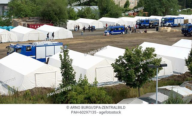 Tents used as temporary accommodation for refugees set up by the German Red Cross and the Federal Agency for Technical Relief (THW) in Dresden, Germany