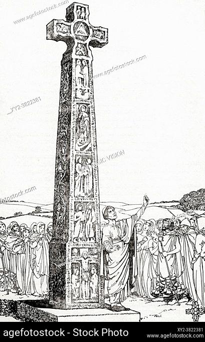 The Ruthwell Cross - partial reconstruction. The cross is now inside Ruthwell church, Dumfrieshire, Scotland. From Everday Life in Anglo-Saxom