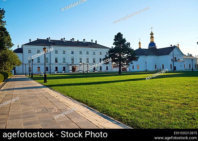 The Sofia court of the Tobolsk Kremlin. The view of the Hierarchal house and the Baroque style Pokrovsky Winter Cathedral. Tobolsk. Russia