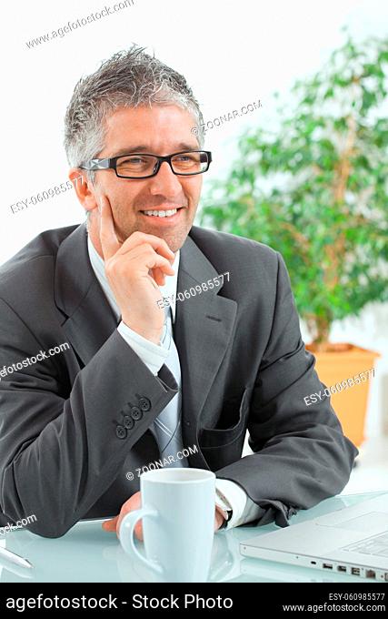 Businessman with grey hair, wearing grey suit and glasses thinking over laptop computer, sitting at desk, smiling