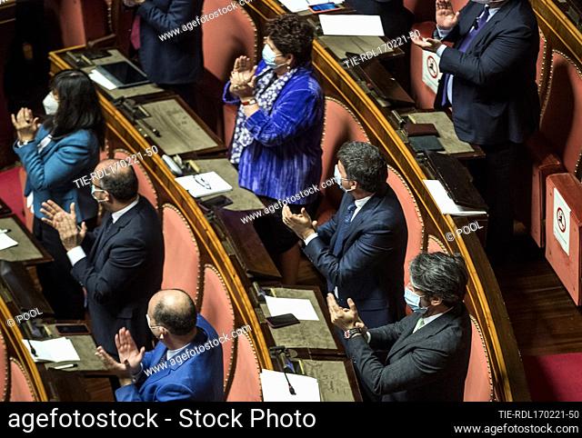 The appaluse of leader of Italia Viva party Matteo Renzi at the end of the speech of Prime Minister Mario Draghi at the Senate ahead the vote of confidence