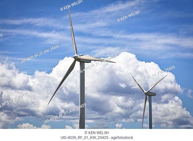 Windmills producing renewable electric energy near Casares, Malaga Province, Spain