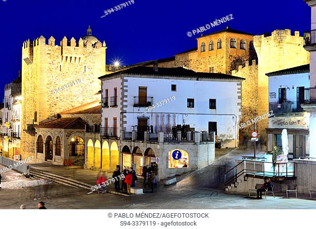 Bujaco tower and Main square of Caceres, Spain