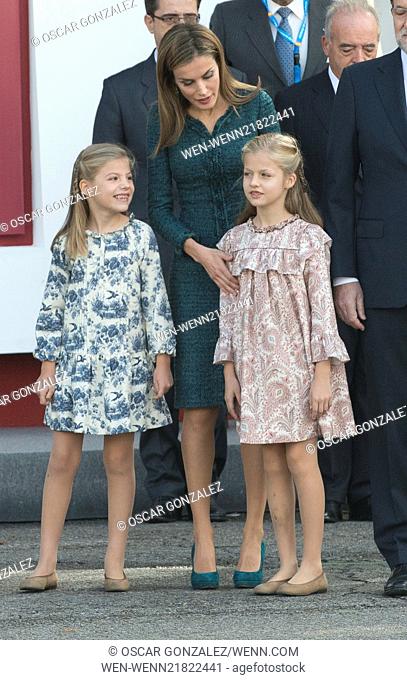 Spain's King Felipe VI and Queen Letizia attend the Spanish National Day military parade in Madrid with their daughters Princesses Leonor and Sofia Featuring:...