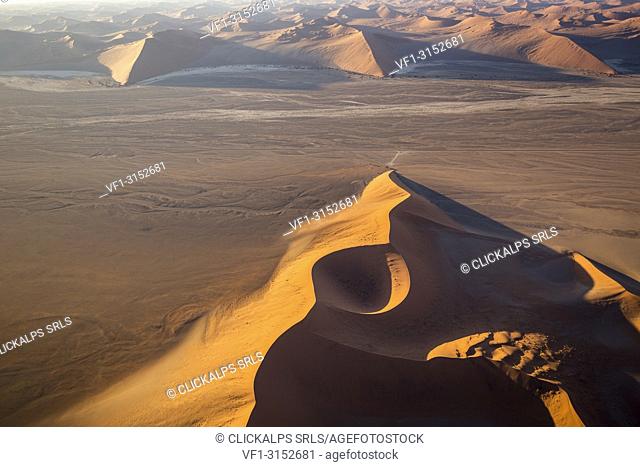 Aerial view of the Dune 45 of Sossusvlei at sunset, Namib Naukluft national park, Namibia, Africa
