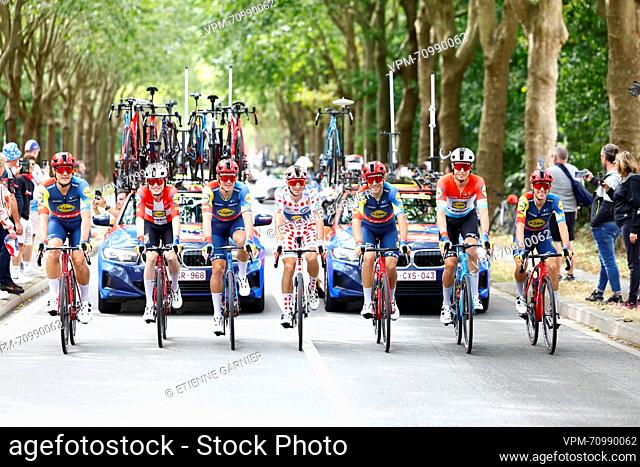 Trek-Lidl riders, including Italian Giulio Ciccone of Lidl-Trek (C) wearing the red polka-dot jersey for best climber pictured during the 21st and last stage of...